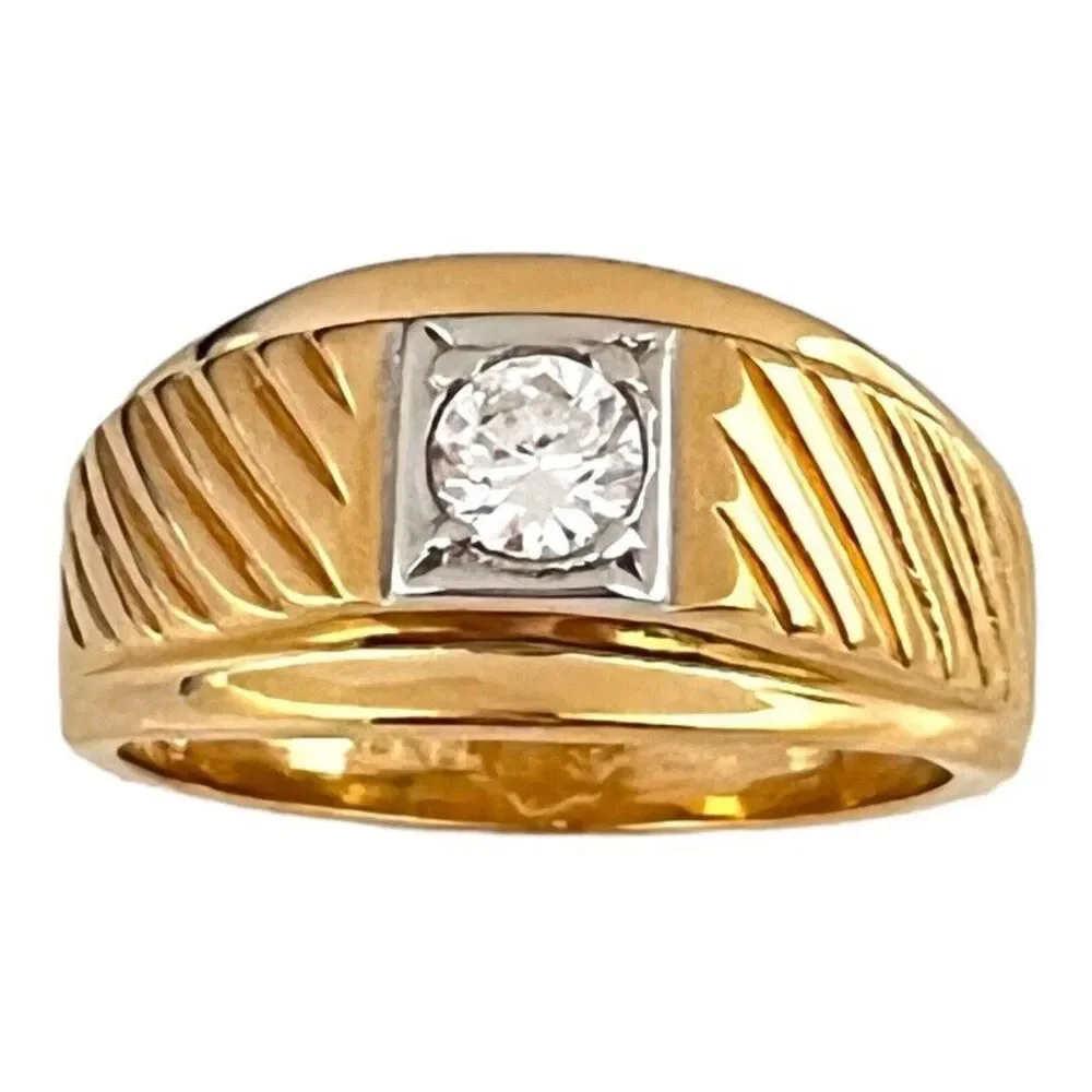 Vintage 1970s Ring Size 13 CZ Solitaire Textured Gold Plated Band - 14O